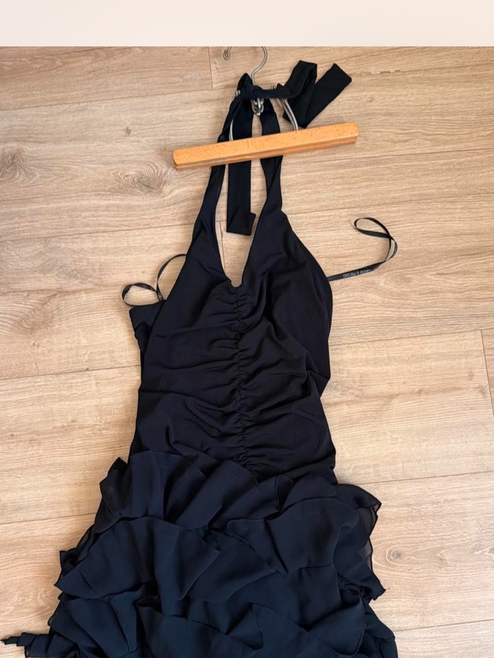 Betsy & Adam Black Halter Ruffle Bodysuit Dress
